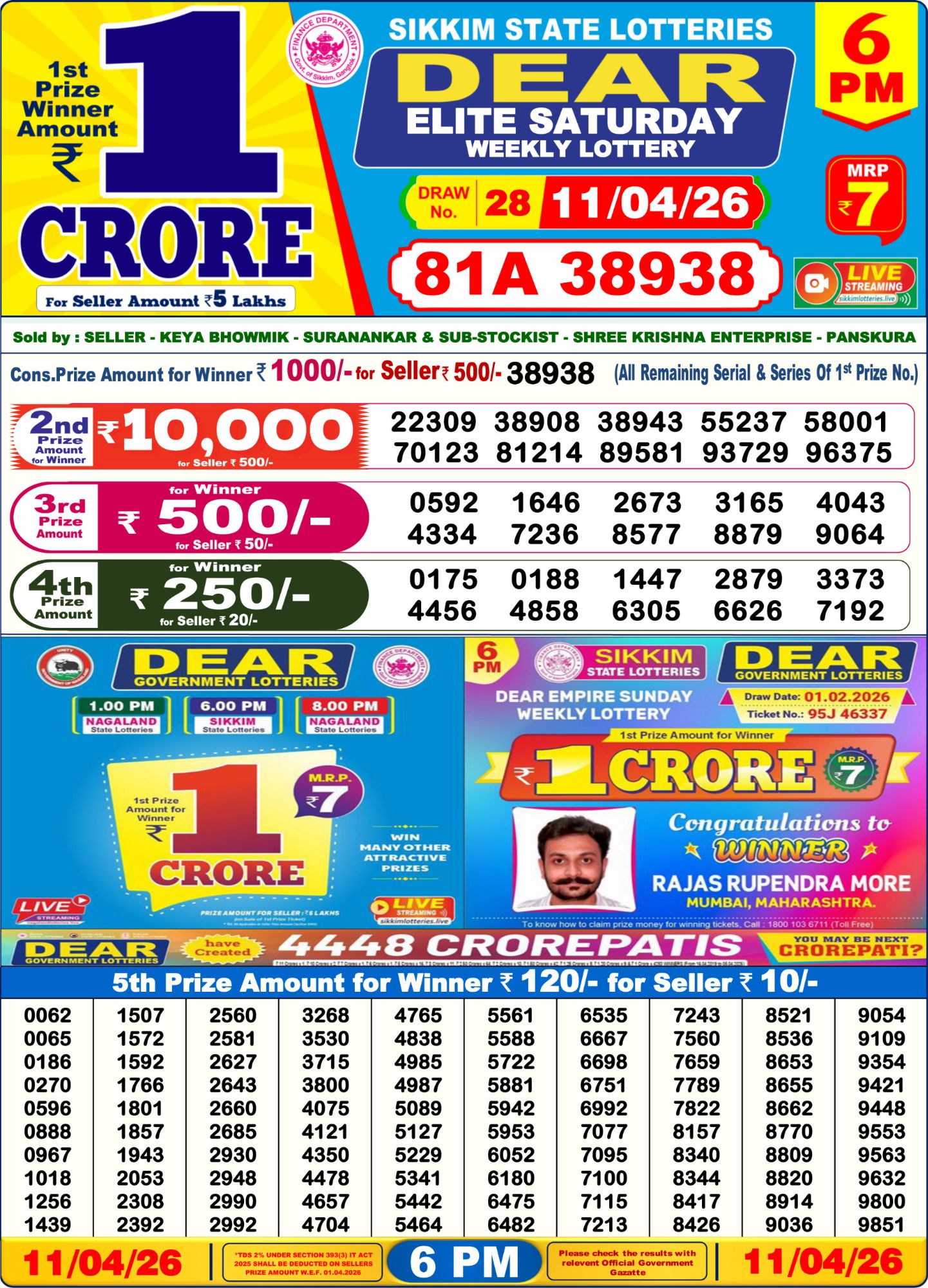 Dear Lottery 6PM Result