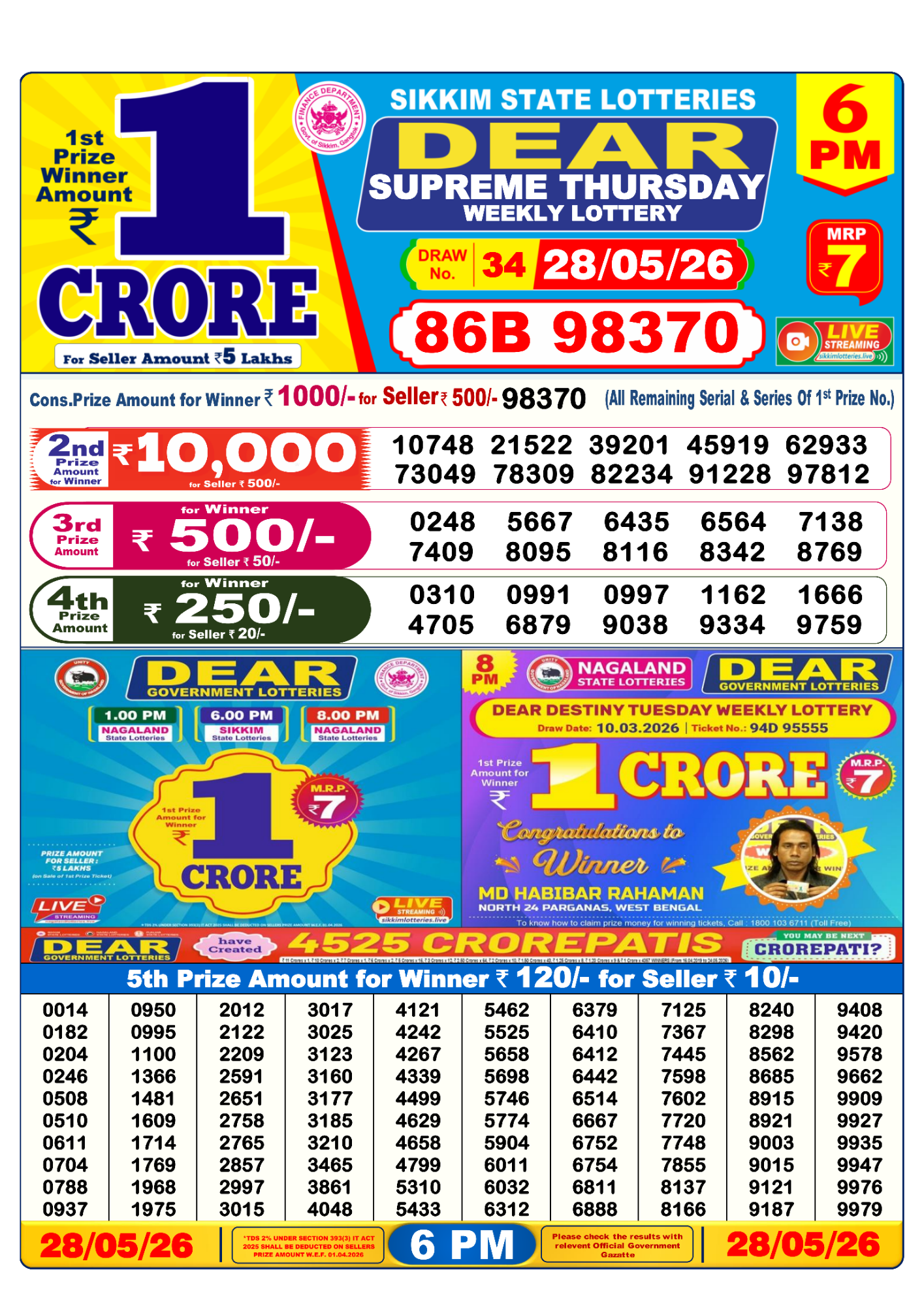 Dear Lottery 6PM Result