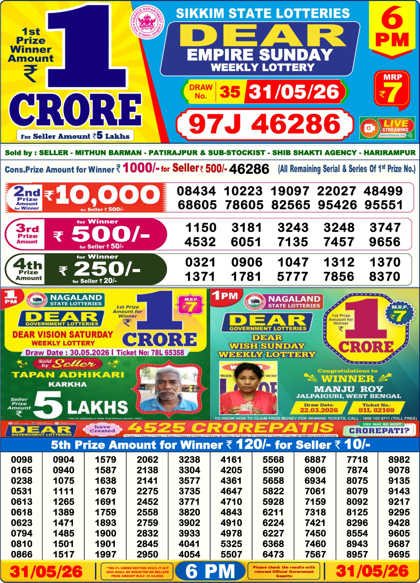 Dear Lottery 6PM Result
