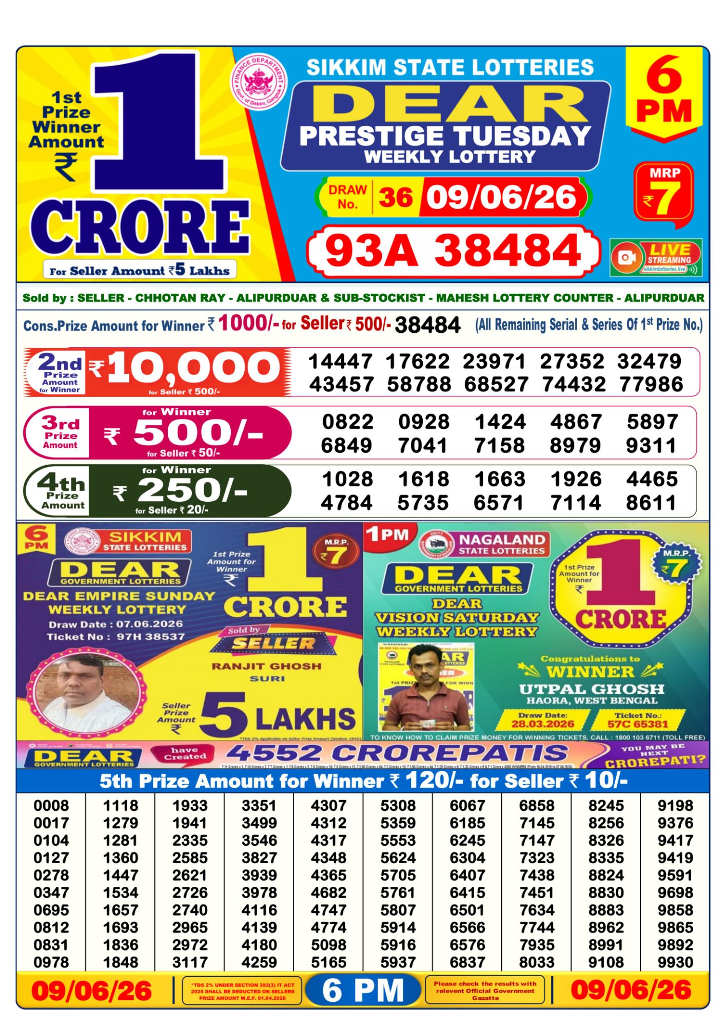 Dear Lottery 6PM Result