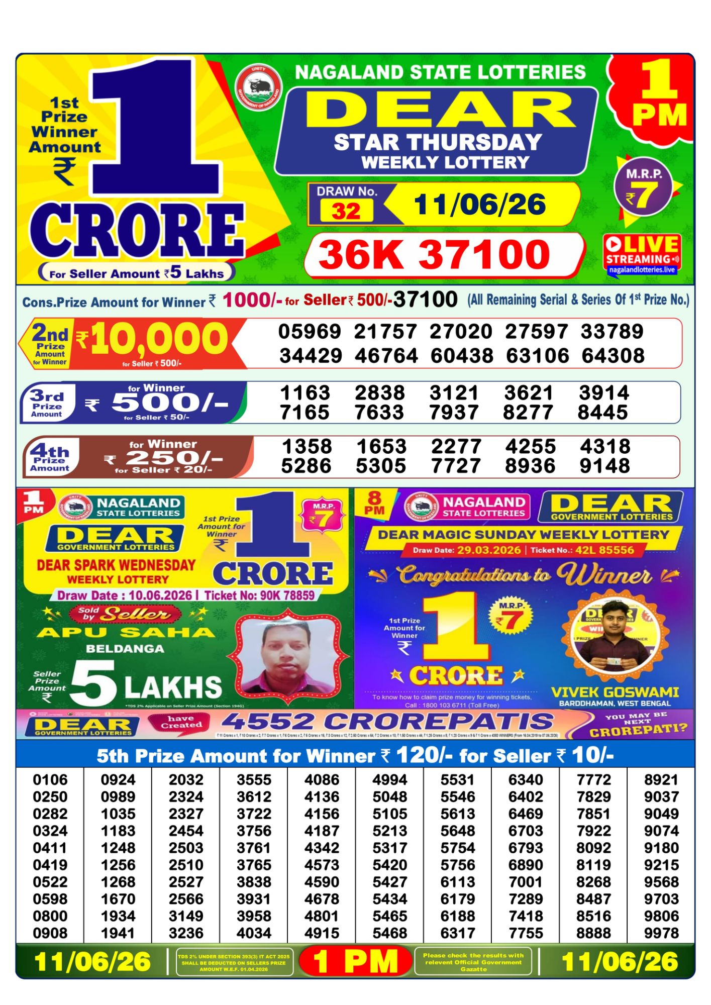 Dear Lottery 1PM Result