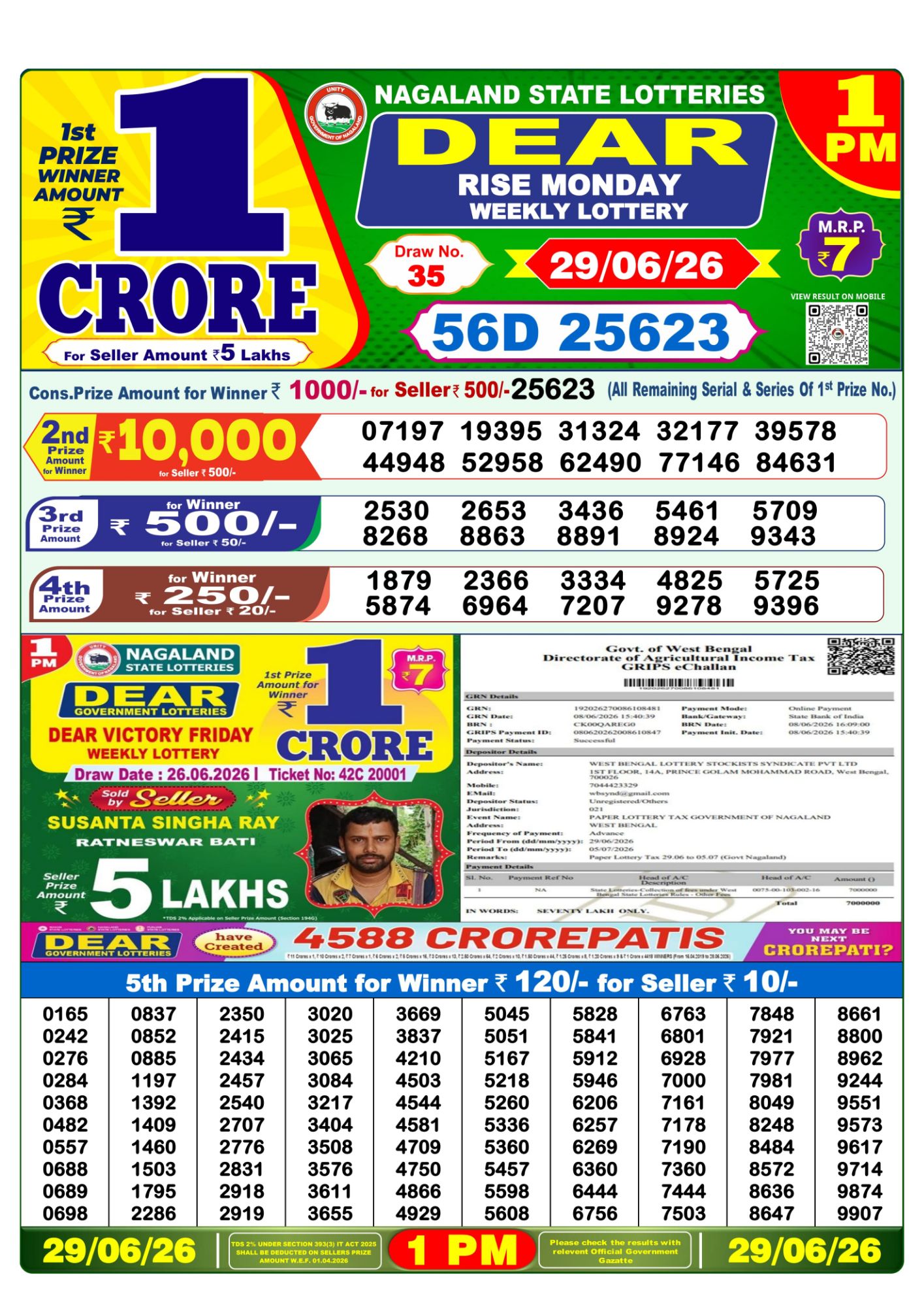 Dear Lottery 1PM Result