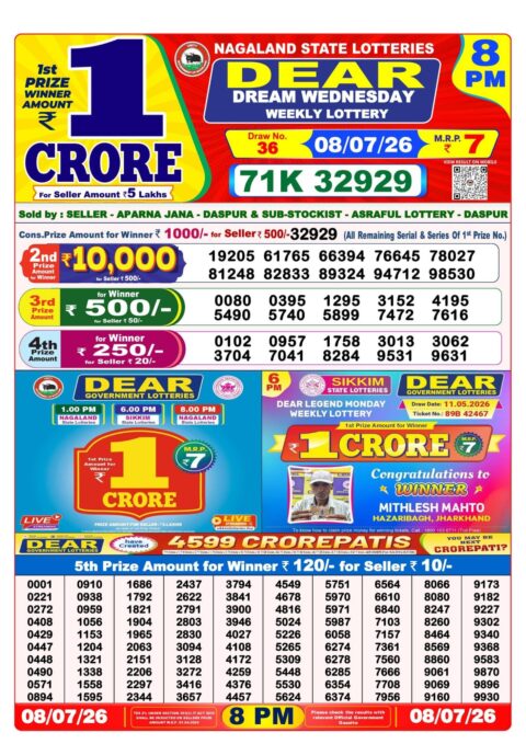 Nagaland State Lottery Result 08/07/2026