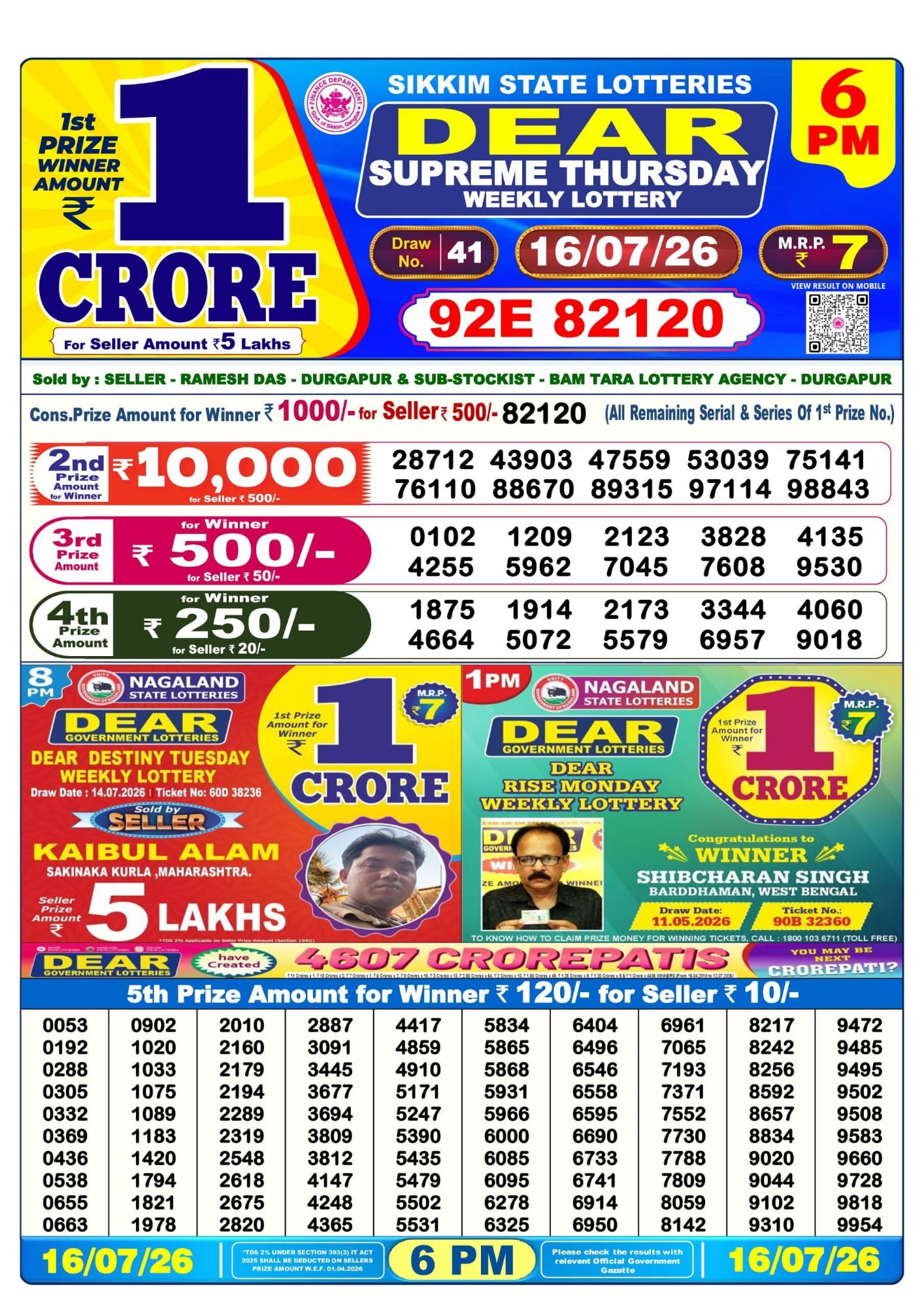 Dear Lottery 6PM Result
