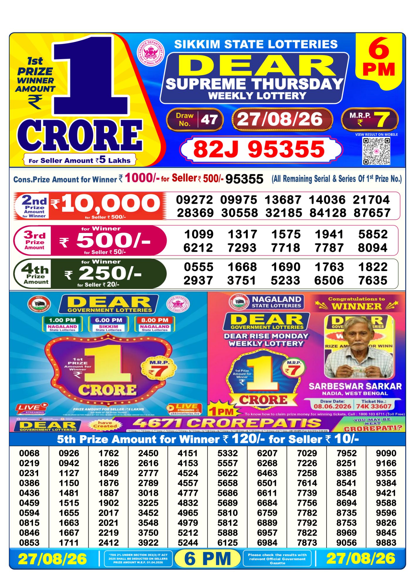 Dear Lottery 6PM Result